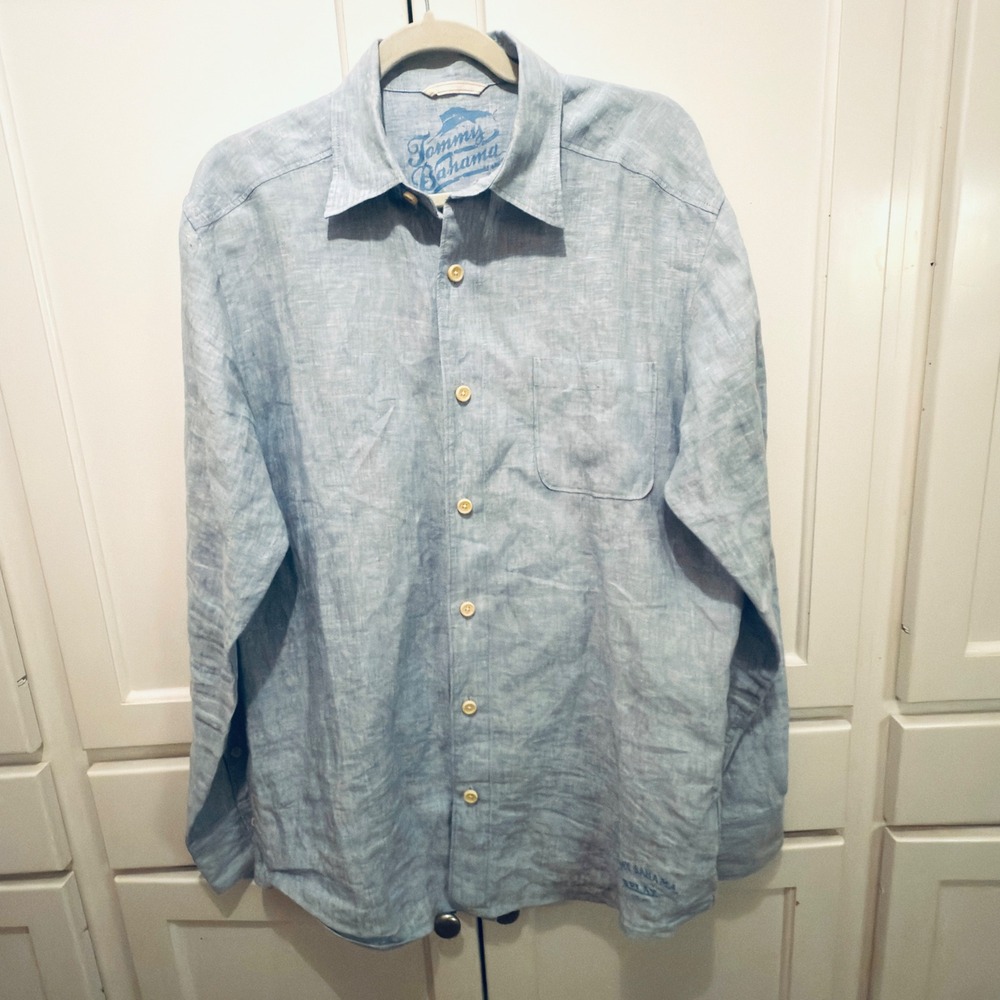 Tommy Bahama Mens Blue Linen Long Sleeve Button Up Relax Oversize Shirt‎ Size S